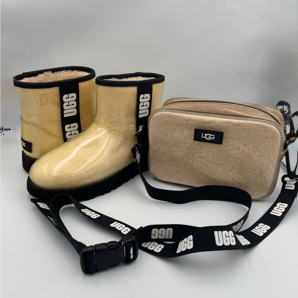 UGG Boots Size 7 Cream Rubber Shearling + UGG Crossbody Bag Set LOT